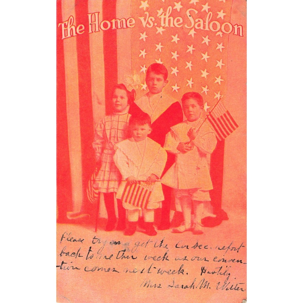 Antique 1911 Home vs Saloon Temperance Postcard Red Children Flag - Picture 1 of 2